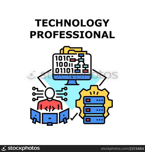 Professional Technology Vector Icon Concept. Professional Technology Developing And Coding Software Programmer. Server And Computer System Specialist Development Color Illustration. Professional Technology Vector Color Illustration