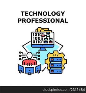 Professional Technology Vector Icon Concept. Professional Technology Developing And Coding Software Programmer. Server And Computer System Specialist Development Color Illustration. Professional Technology Vector Color Illustration