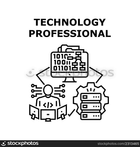 Professional Technology Vector Icon Concept. Professional Technology Developing And Coding Software Programmer. Server And Computer System Specialist Development Black Illustration. Professional Technology Vector Black Illustration