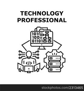 Professional Technology Vector Icon Concept. Professional Technology Developing And Coding Software Programmer. Server And Computer System Specialist Development Black Illustration. Professional Technology Vector Black Illustration