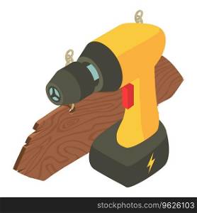 Professional tool icon isometric vector. Electric screwdriver and wooden plank. Industrial equipment, construction work. Professional tool icon isometric vector. Electric screwdriver and wooden plank