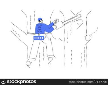 Professional tree removal abstract concept vector illustration. Logger removing trees with saw, harvest timber for sale, harvesting planning, raw materials industry abstract metaphor.. Professional tree removal abstract concept vector illustration.