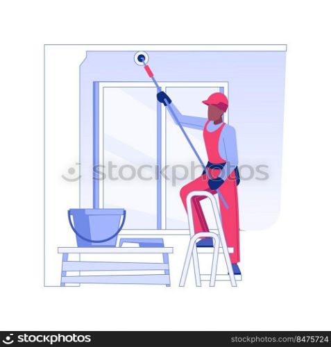 Professional wall painting isolated concept vector illustration. Professional contractor with roller painting a wall, building process, interior works, ceiling improvement vector concept.. Professional wall painting isolated concept vector illustration.