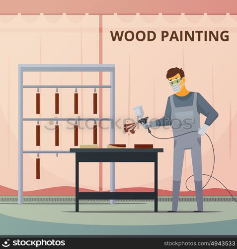 Professional Woodwork Painting Flat Poster . Professional woodwork painter spraying acrylic paint over wood furniture parts for smooth finish flat poster vector illustration