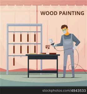 Professional Woodwork Painting Flat Poster . Professional woodwork painter spraying acrylic paint over wood furniture parts for smooth finish flat poster vector illustration