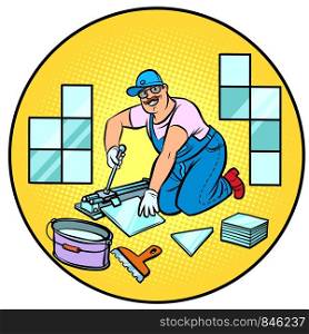 professional worker laying tile, repair work. Pop art retro vector illustration drawing. professional worker laying tile, repair work