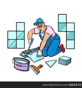 professional worker laying tile, repair work. Pop art retro vector illustration drawing. professional worker laying tile, repair work