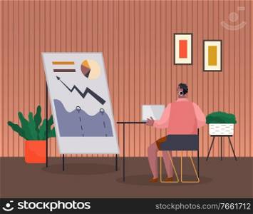 Professional worker sitting at desktop with laptop and researching growth graph statistics on board. Back view of employee character with pc in office. Data analysis of woman with computer vector. Woman with Laptop and and Graph in Office Vector