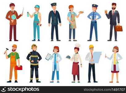 Professional workers. Different jobs professionals, labor people and workers cartoon vector illustration set. Job and work, worker or teacher, cleaner, artist and pilot. Professional workers. Different jobs professionals, labor people and workers cartoon vector illustration set
