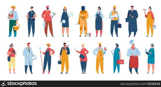 Professional workers in uniform, men and women with various occupations. Engineer, nurse, chef, policewoman, builder, farmer vector set. Career characters with different employment. Professional workers in uniform, men and women with various occupations. Engineer, nurse, chef, policewoman, builder, farmer vector set