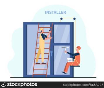Professional workers installing window. Ladder, installer, glass flat vector illustration. Renovation and construction concept for banner, website design or landing web page