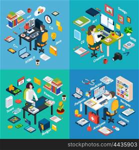 Professional Workplace Isometric 4 Icons Square . Creative professionals workplaces 4 isometric icons square with computer maintenance programmer web developer abstract vector isolated illustration
