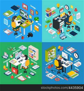 Professional Workplace Isometric 4 Icons Square . Professional workplaces of business startup manager and medical doctor 4 isometric icons square composition abstract vector isolated illustration