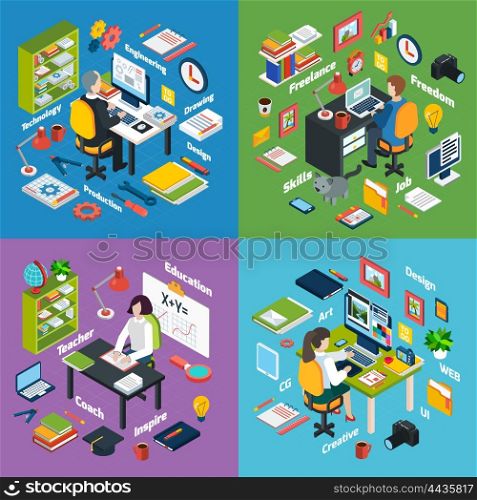 Professional Workplace Isometric 4 Icons Square . Professional workplaces of freelance art designer teacher and engineer 4 isometric icons square composition abstract vector isolated illustration