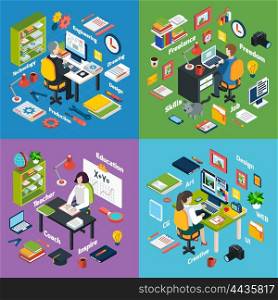 Professional Workplace Isometric 4 Icons Square . Professional workplaces of freelance art designer teacher and engineer 4 isometric icons square composition abstract vector isolated illustration