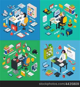 Professional Workplace Isometric 4 Icons Square . Professional workplaces of freelance photographer teacher and financial advisor 4 isometric icons square abstract vector isolated illustration
