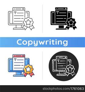 Professionalism icon. Online platform. Quality copywriting services. Freelance business, SEO work. Writing commercial text. Linear black and RGB color styles. Isolated vector illustrations. Professionalism icon