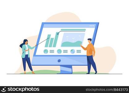Professionals analyzing charts on computer monitor. Colleagues presenting diagram flat vector illustration. Business, marketing, analysis concept for banner, website design or landing web page