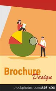Professionals analyzing diagram. Two people with survey form and magnifier, pie chart flat vector illustration. Analysis, marketing report concept for banner, website design or landing web page
