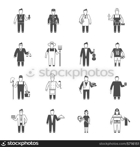 Professionals cartoon characters black icons set of reporter bishop teacher worker lawyer musician abstract isolated vector illustration