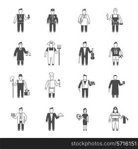 Professionals cartoon characters black icons set of reporter bishop teacher worker lawyer musician abstract isolated vector illustration