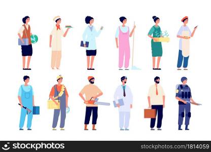 Professionals characters. Different employees, group of workers. Isolated people wear uniform, social worker healthcare manager vector. Character worker and manager, different profession illustration. Professionals characters. Different employees, group of workers. Isolated people wear uniform, social worker healthcare manager vector set
