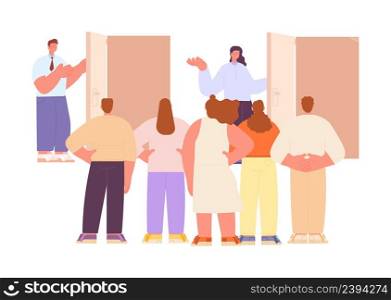 Professionals choose job. People crowd looking on two open doors. HR or recruitment, managers search workers. Choice vector concept. Illustration of search and choose job, choice recruitment. Professionals choose job. People crowd looking on two open doors. HR or recruitment, managers search workers. Choice vector concept