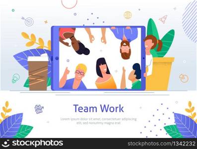 Professionals Distant Teamwork Flat Vector Banner Template. Multinational Businesspeople Characters Communicating Online, International Company Employee, Office Workers on Tablet Screen Illustration