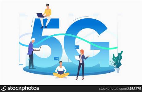 Professionals using high speed 5G network. Fifth generation, internet, speech bubble. Technology concept. Vector illustration can be used for topics like telecommunication, interacting, teamwork