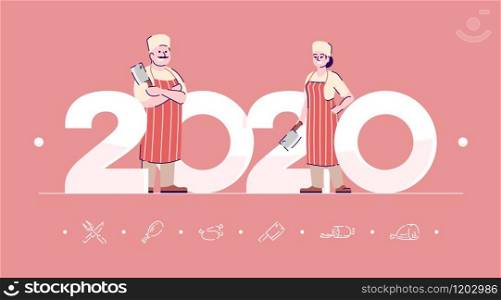 Professions 2020 flat banner vector template. Butchers isolated cartoon characters on coral. Meatman with meat knife. People in workwear. Banner, brochure page, leaflet design layout, place for text