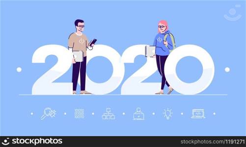 Professions 2020 flat banner vector template. Programmers isolated cartoon characters on blue. Software developers. People with laptops. Banner, brochure page, leaflet design layout, place for text