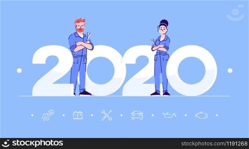 Professions 2020 flat banner vector template. Repairers isolated cartoon characters on blue. People in workwear. Repairman with wrench. Banner, brochure page, leaflet design layout with place for text