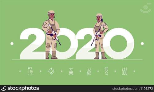Professions 2020 flat banner vector template. Soldiers isolated cartoon characters on green. People in military uniform with weapon. Banner, brochure page, leaflet design layout with place for text