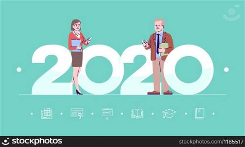 Professions 2020 flat banner vector template. Teachers isolated cartoon characters on turquoise. School or university educators. Banner, brochure page, leaflet design layout with place for text