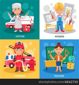 Professions 2x2 Design Concept. Professions for kids 2x2 flat design concept with doctor fireman teacher and worker cartoon square compositions vector illustration