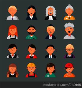 Professions avatars. Businessman doctor teacher hairdresser cook occupation workers group colleagues vector portraits flat style. Waiter and nurse, professional teacher and hairdresser illustration. Professions avatars. Businessman doctor teacher hairdresser cook occupation workers group colleagues vector portraits flat style