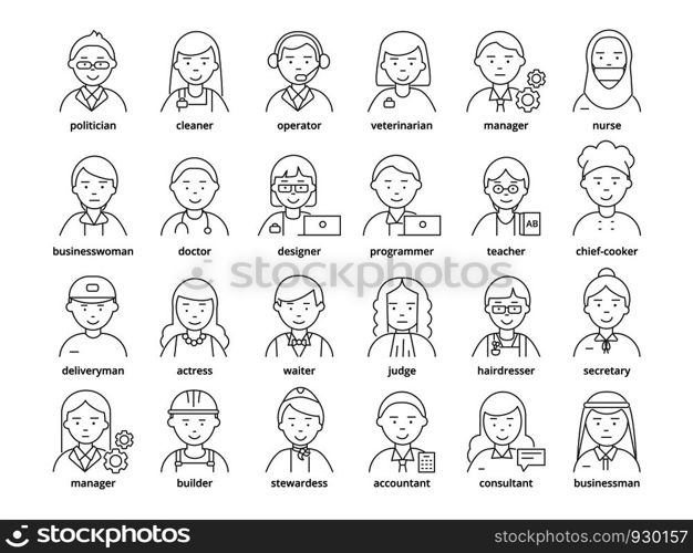 Professions avatars. Medic teacher waiter stewardess judge advocate manager builder male and female vector linear icons. Illustration of manager and nurse, businesswoman and doctor. Professions avatars. Medic teacher waiter stewardess judge advocate manager builder male and female vector linear icons