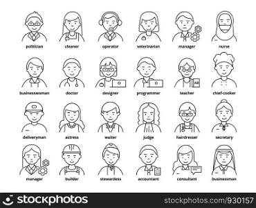 Professions avatars. Medic teacher waiter stewardess judge advocate manager builder male and female vector linear icons. Illustration of manager and nurse, businesswoman and doctor. Professions avatars. Medic teacher waiter stewardess judge advocate manager builder male and female vector linear icons