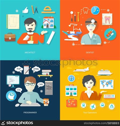 Professions concept with female travel agent, engineer architect constructor worker, dentist in uniform, male computer programmer flat design