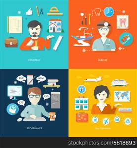 Professions concept with female travel agent, engineer architect constructor worker, dentist in uniform, male computer programmer flat design