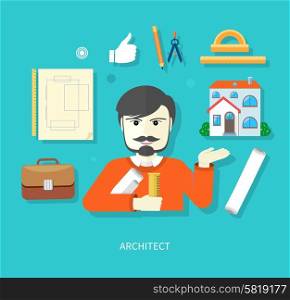 Professions concept with male chief architect with compasses in hand on industrial background