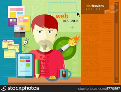Professions concept with male web designer on workplace with tablet and different designer tools