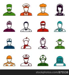 Professions icons set. Doodle illustration of vector icons isolated on white background for any web design. Professions icons doodle set