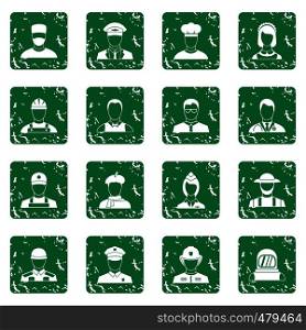 Professions icons set in grunge style green isolated vector illustration. Professions icons set grunge