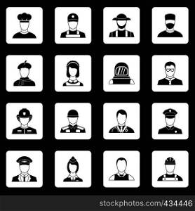 Professions icons set in white squares on black background simple style vector illustration. Professions icons set squares vector