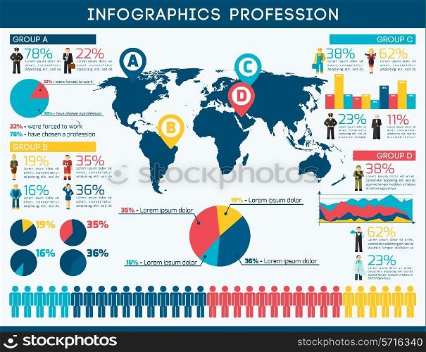 Professions infographic set with avatars charts and world map vector illustration