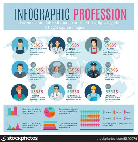 Professions infographics set with charts and world map on background vector illustration. Professions Infographics Set