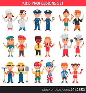 Professions Kids Set. People professions cartoon icons set for kids with clowns policeman doctor teacher footballer artist chef flat vector illustration
