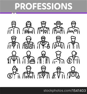 Professions People Collection Icons Set Vector. Policeman And Farmer, Fireman And Soldier, Businessman And Businesswoman, Barber And Builder Concept Linear Pictograms. Contour Illustrations. Professions People Collection Icons Set Vector