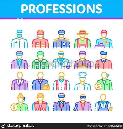 Professions People Collection Icons Set Vector. Policeman And Farmer, Fireman And Soldier, Businessman And Businesswoman, Barber And Builder Concept Linear Pictograms. Color Contour Illustrations. Professions People Collection Icons Set Vector